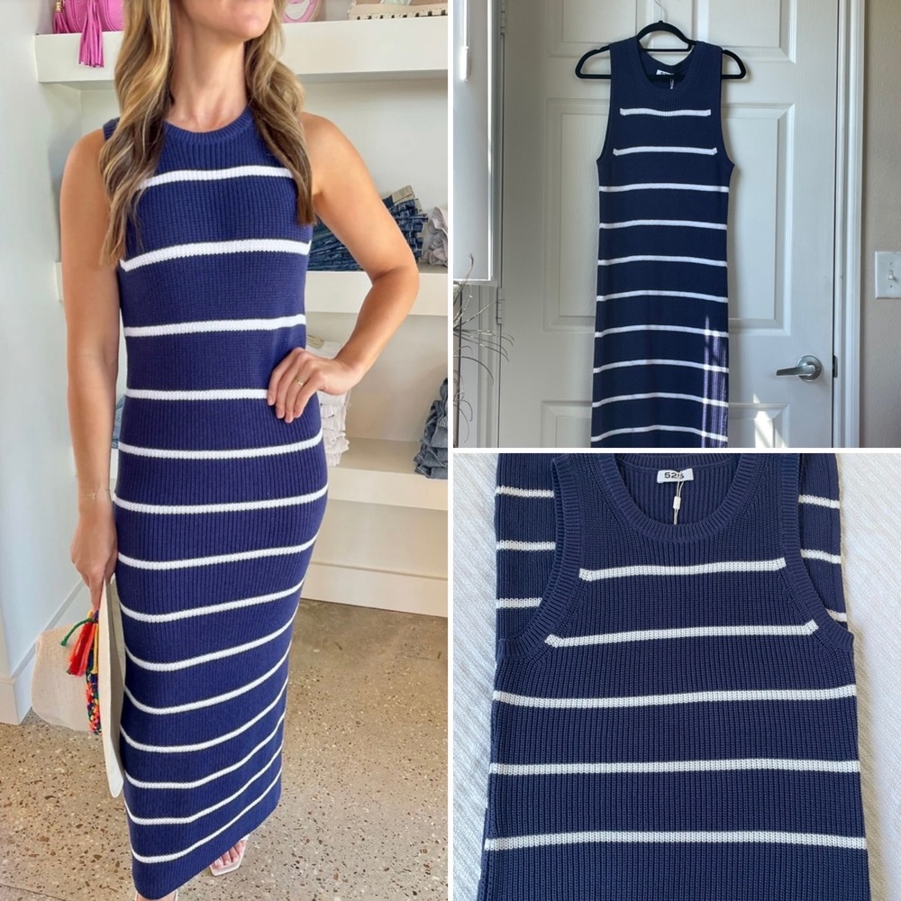 Emma Crewneck 100% Cotton Striped New England Coastal Shaker Stitch Tank Dress